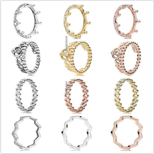 Original 925 Sterling Silver Princess Tiara Royal Crown Rings For Women Wedding Party Europe Pandora Jewelry