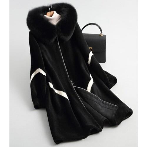 Real Wool Fur Coat Female Natual Fox Fur Collar Hooded 2020 Sheep Shearing Coats Long Winter Jacket Women 18114 WYQ1985