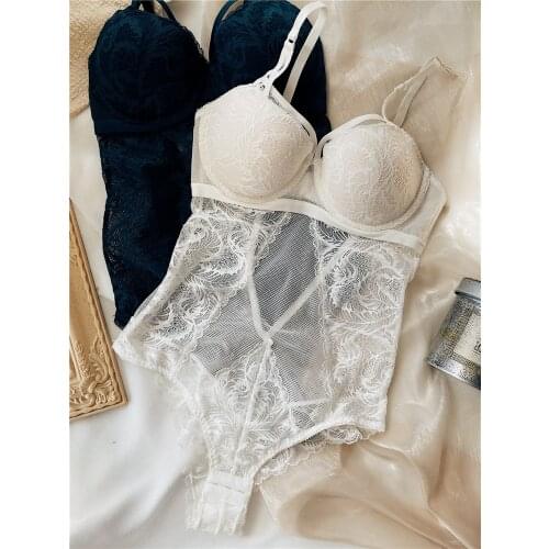 Wriufred sexy lace hollow lingerie set womens bra temptation one-piece suspenders thickened cups gathered bodysuit