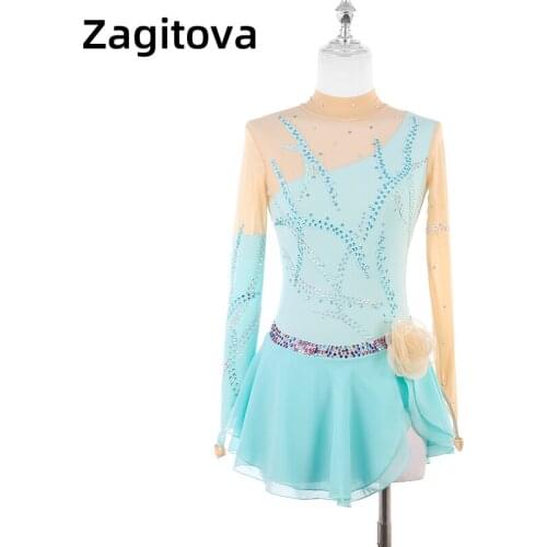 Light Blue Long sleeves Elegant Figure Skating Dress Professional Skating Performance Skirt For Woman Or Girl Gym suit