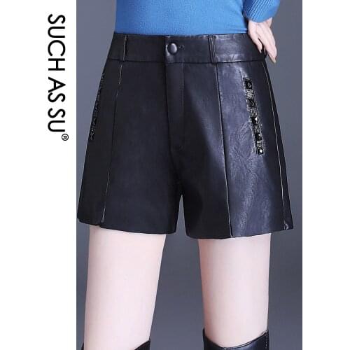 SUCH AS SU New Fashion High Waist Leather Short 2020 Fall Winter Womens Black Leather Shorts M-3XL Plus Size Sexy Short Shorts