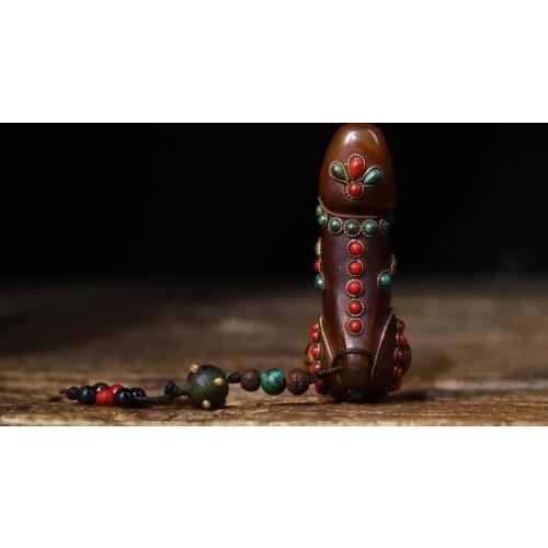 Tibet Buddhism natural agate Inlay gem Dzi Carving male genitals Giant God Statue Dzi Bead Giant Sun God Pendant