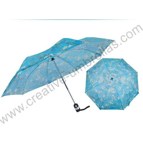 Three fold auto open&auto close paper print umbrellas,Van Gogh oil painting parasol canvas Sunflowers&Almond trees blossom
