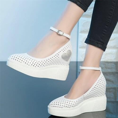 Platform Mary Jane Shoes Women Ankle Cross Strap Genuine Leather High Heel Pumps Shoes Female Summer Wedges Oxfords Casual Shoes