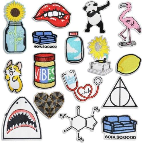 WhatIlife Cartoon Panda Flamingo Shark Embroidery DIY Sew On Patches Clothes Lemon Sofa Hole Repair Decoration Appliques Badges