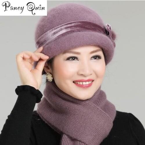 Brand Women Winter knited knitted hat Sets Floral Skullies Wool Mixed Rabbit Fur Warm Outdoor women Beanies Baggy Headwear Cap