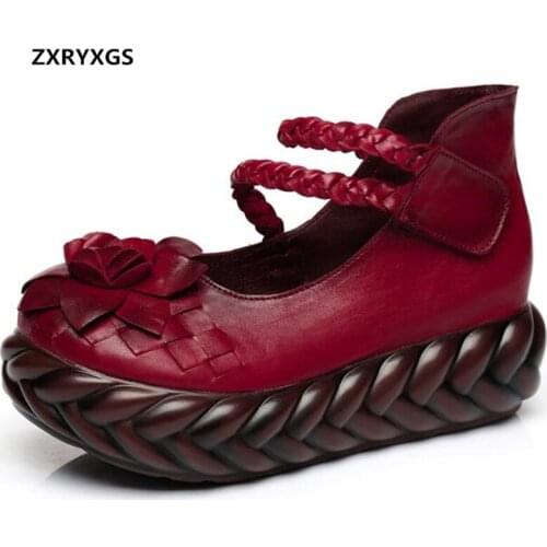 2019 Autumn Retro Flowers Mom Fashion Shoes High Heels Genuine Leather Shoes Woman Shoes Platform Banquet Women High Heel Shoes