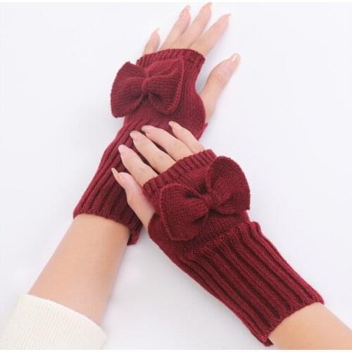 Women Winter Knit Fingerless Gloves Cute Bowknot Thumb Hole Mittens Arm Warmers XX9D