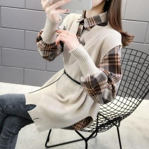 Women Sweater Vest Autumn Suit Socialite Younger Fashion Vest Shirt Knitted Two-Piece Female