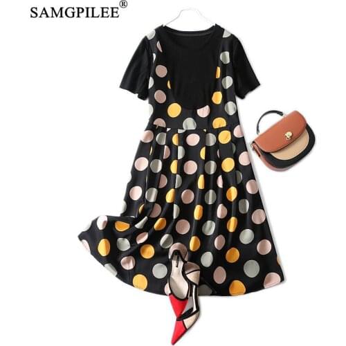 Fake Two Piece Women Dresses 2021 New O Neck Patchwork Polka Dot Short Sleeve Korean Style Loose Knee Length Dress Plus Size 4XL