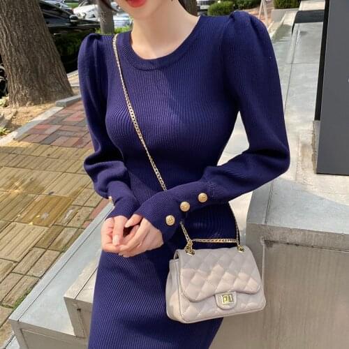 2021 Autumn Winter Womens Korean Dress Temperament Slim Fitting Bubble Sleeve Knitting Versatile Sweater Hip Dress Vestidos y2k