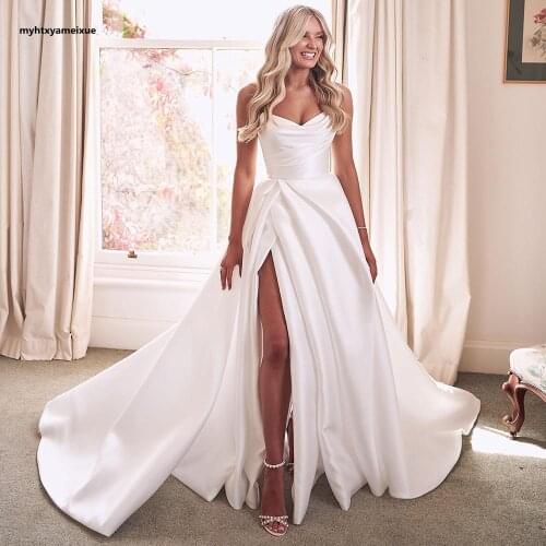 White satin tube top strapless high slit wedding dress with zipper sweep and drag pleated custom large size simple bridal gown
