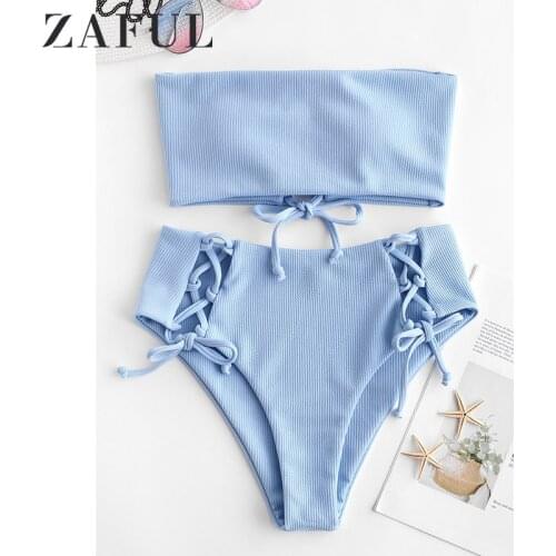 ZAFUL Ribbed Lace Up High Waisted Bikini Set Strapless High Waisted Cut Bandeau Bikini Women Solid Swimsuit Summer Swimwear 2020