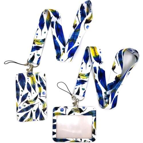Blue Starry Sky Feathers Leaves Lanyard Credit Card ID Holder Bag Student Women Cards Cover Badge Car Keychain Decorations