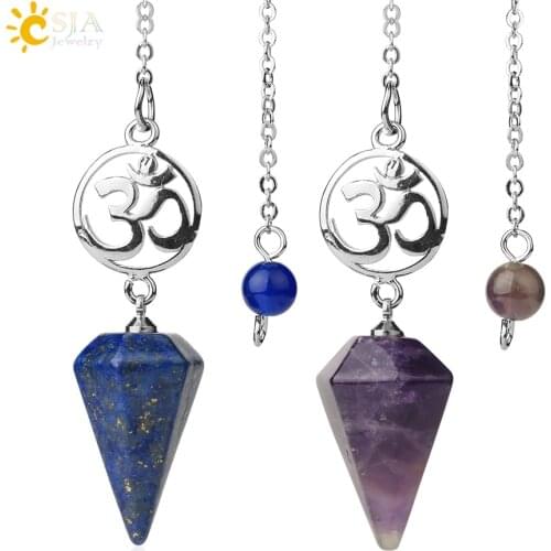 CSJA Natural Stone Crystal Pendulum for Dowsing Spiritual Pendulums Esoteric Healing OM Hexagonal Pointed Pendant Pendulos G720