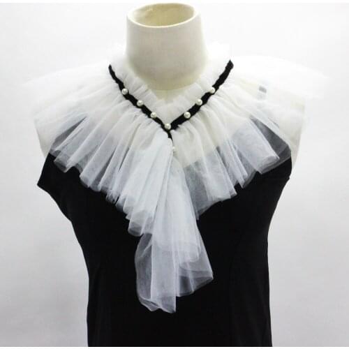 Jaderic 2019 New White Mesh Fake Collar Pearl Decorated for Women Wedding Ladies Detachable Ruffle Collar Female False Collar