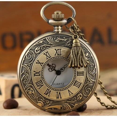 Hollow Roman Number Pocket Watch Vintage Alloy Steampunk Bronze Pendant Necklace Chain Quartz Pocket Watch with Tassel Accessory