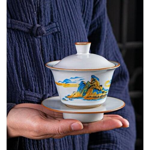 Chinese Kung Fu Teaware Retro Sancai Gaiwan Classical Ceramic Teaset Traditional Handmade Tea Brew Tureen 150ml Lid Bowl Saucer