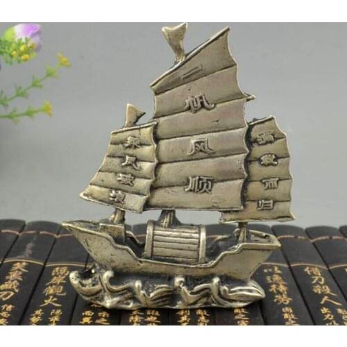 China FengShui Silver Sculpture Dragon Boat Yi Fan Feng Shun Ship Lucky Statue