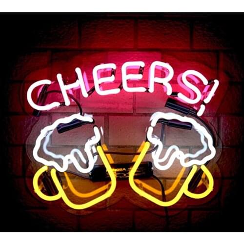 Cheers Double Glass Mug Neon Sign Handmade Real Glass Tube Home Bedroom Decoration Display Light Lamp Aesthetic Room Decor