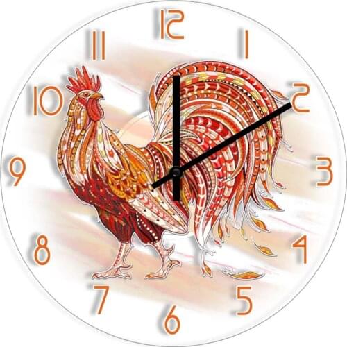 Tribal Rooster Tattoo Design Decorative Wall Clock For Farmhouse Home Décor Fiery Rooster Colorful Chicken Printed Acrylic Clock