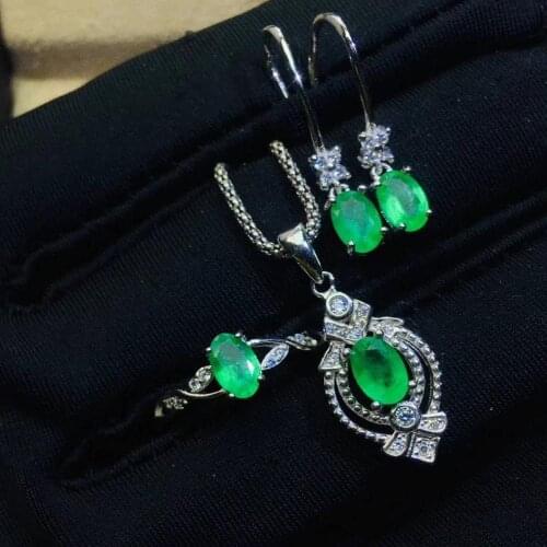 Real Natural Emerald jewelry set Natural Real Emerald 925 sterling silver 1pc pendant,1pc ring,2pcs Earring