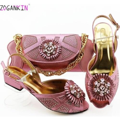 Latest Design Nigerian Sandals with Matching Bags Set Decorated with Rhinestone Italian Peep Toe Shoes for Women Party Pumps