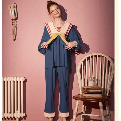 2021 New Spring Pajamas Cartoon Thin Section Women Naval Neck Long Sleeve Top + Pants Set Sleepwear Cotton Home Clothe Casual