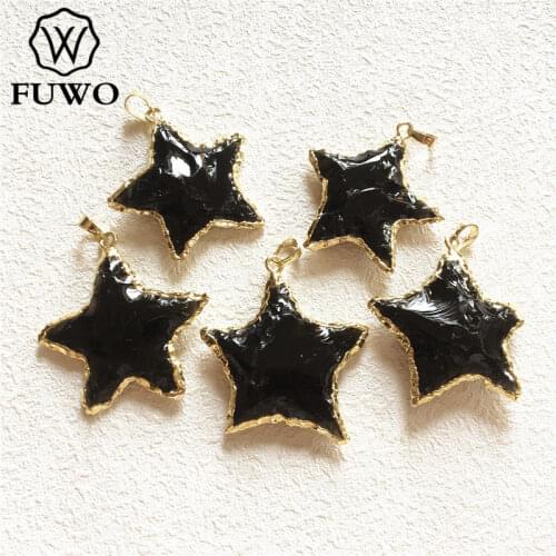 FUWO Original Hand Carved Obsidian Crystal Pendant With Gold Trimmed Pentagon Shape Black Quartz Pendant For Necklace Make PD273