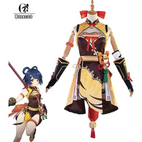 ROLECOS Game Genshin Impact Xiangling Cosplay Costume Xiangling Cosplay Costume Sexy Women Costume Halloween Top Shorts Full Set