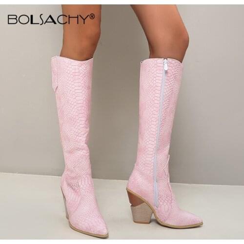 Pink Yellow Blue Women Knee High Boots Western Cowboy Boots for Women Long Winter Boots zip Pointed Toe Cowgirl wedges Boots2020