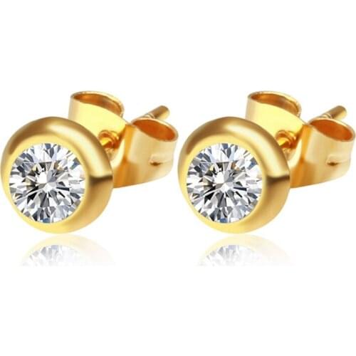 Trendy Titanium Steel Stud Earrings for Men Fashion Round Crystal Stone Gold-color Women Fine Jewelry Hip-hop Male Gift