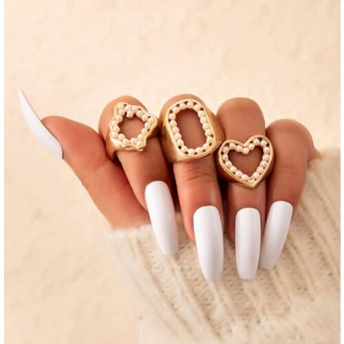 Tocona 3pcs/sets Luxury Pearl Stone Heart Joint Ring Sets for Women Hollow Geometric Gold Color Alloy Metal Jewelry 18149