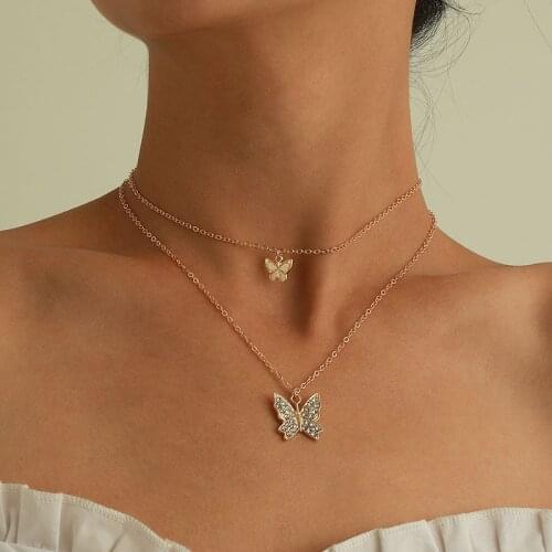 Trending Rhinestone Butterfly Pendant Necklace for Women Fashion Double Layers Clavicle Necklace Colar Vintage Jewelry Gift