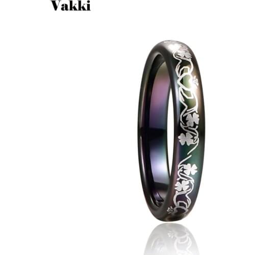 VAKKI 4mm Black Celtic Caldagh Four-leaf Clover Tungsten Carbide Ring Wedding Band Men Women Engagement Jewelry