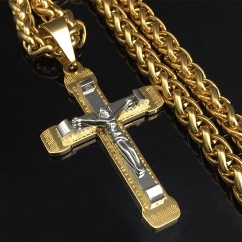 Witaya Crucifix Cross Necklace Gold/silver tone Stainless Steel Chain For Men Jewelry Jesus Piece