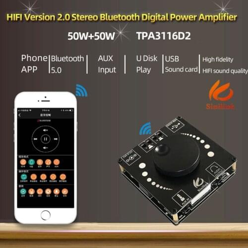 XY-AP50H HIFI Bluetooth-compatible 5.0 2x50W Wireless Audio TPA3116D2 Digital Power amplifier Stereo Amp Amplificador USB AUX