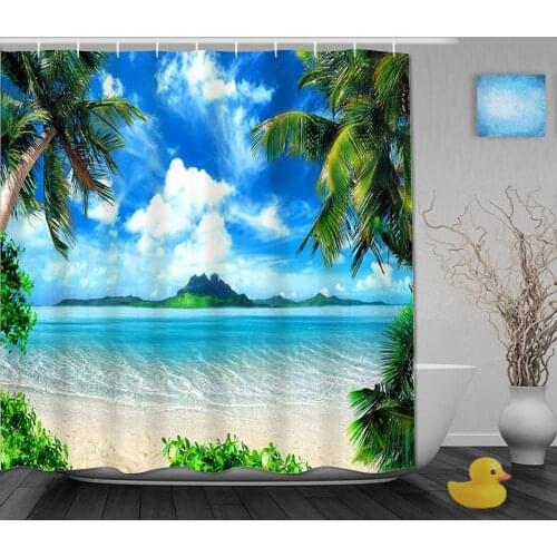 Shower Curtain Summer Beach Blue Ocean with Coconut Palm Tree Polyester Fabric Waterproof Bath Curtains Hooks Included 72x72
