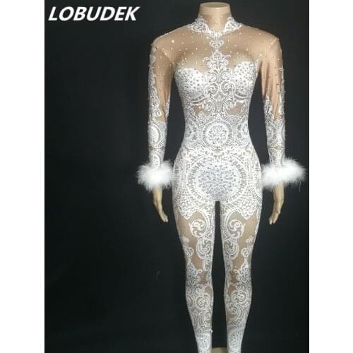 White Feather Sleeve Lace Pattern Printed Skinny Jumpsuit Lady Birthday Party Tight Leotard Bar Club Singer Dancer Stage Costume