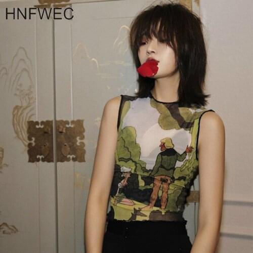 Harajuku Tank Top Women Crop Top Voile Tanktop Summer Underwear Pattern Print Green Top Femme 2019 Clothes Y682