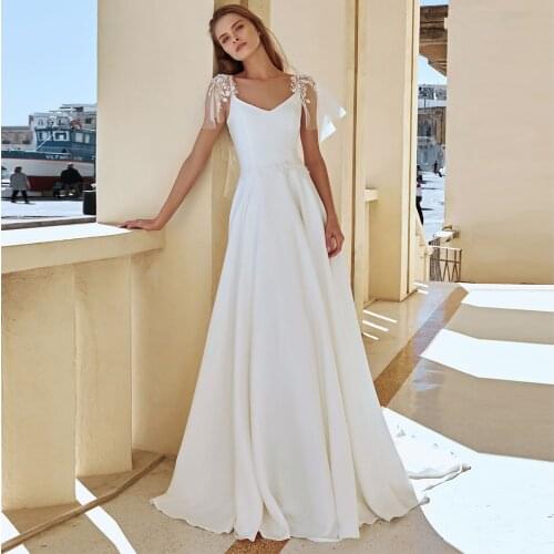 Elegant Floor Length V-Neck Wedding Dresses High Quality Jersey Appliques Short Sleeve Zipper Back A-Line Bridal Gowns 2021