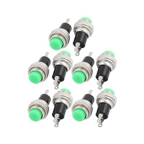 10 Pcs Green Cap 10mm Thread Dia SPST Momentary Push Button Switch AC 250V 3A