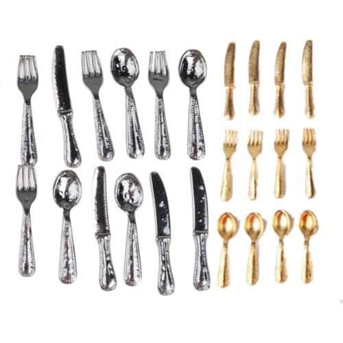 12 Pcs/set Classic Pretend Play Kitchen Furniture Toy 1/12 Dollhouse Miniature Stainless Steel Tableware Set for Kids