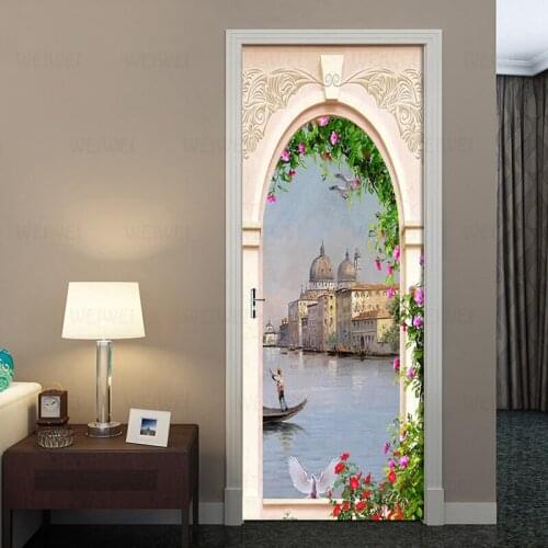 3D Creative European Arches Architecture City Mural Bedroom Door Decor Stickers Wallpaper PVC Self-adhesive 3D Detachable Decals