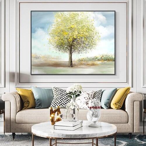 Abstract Green Yellow Trees Oil Painting 100% Hand Painted On Canvas Modern Landscape Plant Wall Art For Home Decoration