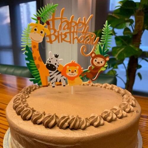 CYUAN 1pcs Happy Birthday Jungle Animal Cake Topper Birthday Party Decor Kids Cupcake Toppers Jungle Party 1st Birthday Supplies