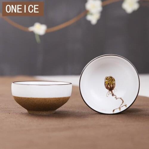 Chinese Style Delicate Handmade 40ml Small Tea Cup Jingdezhen Rough Pottery Bowl Hand Painted Lotus
