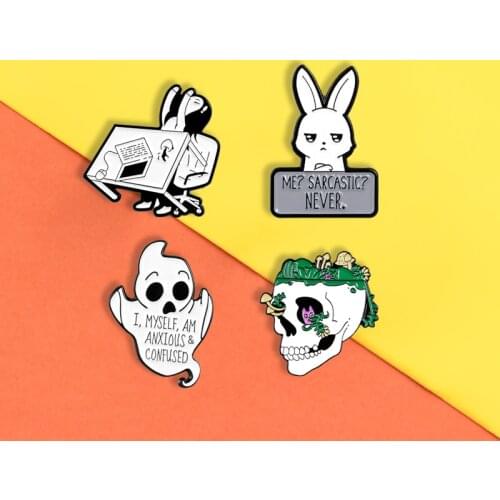 Lonely Rabbit Enamel Pins ME SARCASTIC NEVER Green Skull Cat Nest Brooches Angry Office Girl Lapel Pin Badges Jewelry Gifts