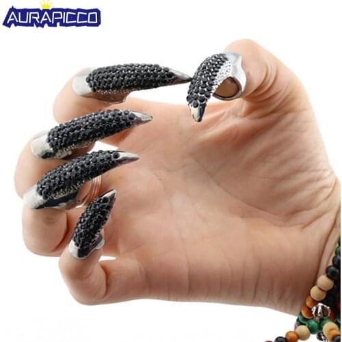 Gothic Punk Finger Armor Rhinestone False Nail Talon Paw Cat Woman Claw Finger Ring Halloween Costume Cosplay Accessories