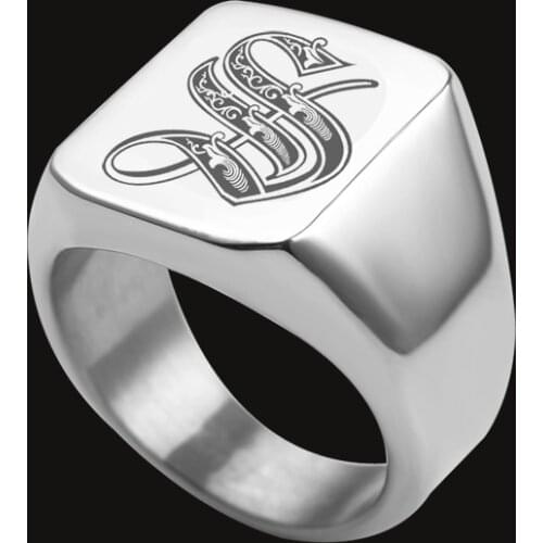 Engrave Initial A to Z Alphabet Stainless Steel Signet Ring High Polished Silver Color Tone Fashion Rings Minimalist U.S.Size